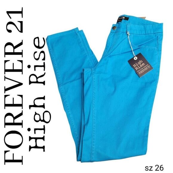 Jeans NEW! Forever 21 Turquoise Colored Denim High Rise Lightweight Straight NEW - Picture 11 of 11